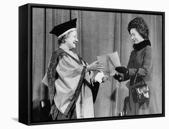 Queen Elizabeth II presents her mother with the degree of Honorary Doctorate of Music-Associated Newspapers-Framed Stretched Canvas