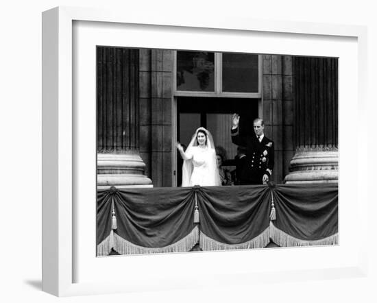 Queen Elizabeth Ii Wedding, the Couple Wave from the Balcony-Associated Newspapers-Framed Photo