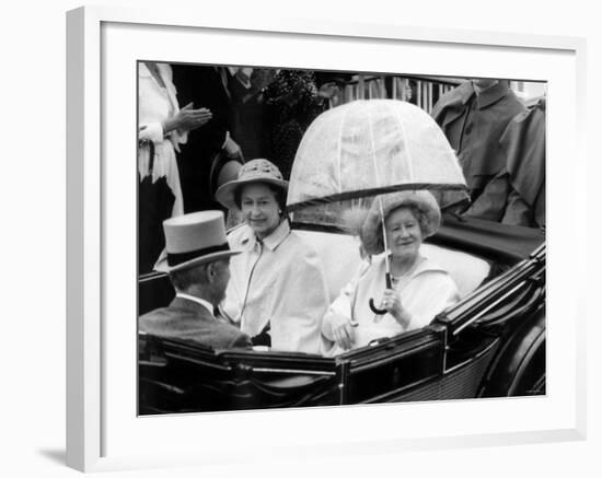 Queen Mother Riding Down the Course with the Queen in an Open Top Carriage in the Ascot Procession-null-Framed Photographic Print