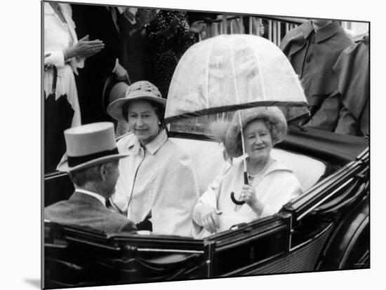 Queen Mother Riding Down the Course with the Queen in an Open Top Carriage in the Ascot Procession-null-Mounted Photographic Print