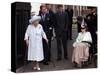 Queen Mother waves on her 101 birthday watched by Princess Margaret in wheelchair and Prince Charle-null-Stretched Canvas