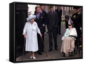 Queen Mother waves on her 101 birthday watched by Princess Margaret in wheelchair and Prince Charle-null-Framed Stretched Canvas