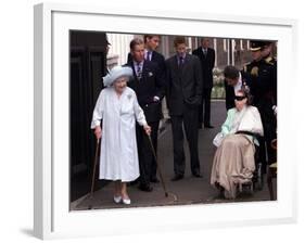 Queen Mother waves on her 101 birthday watched by Princess Margaret in wheelchair and Prince Charle-null-Framed Photographic Print