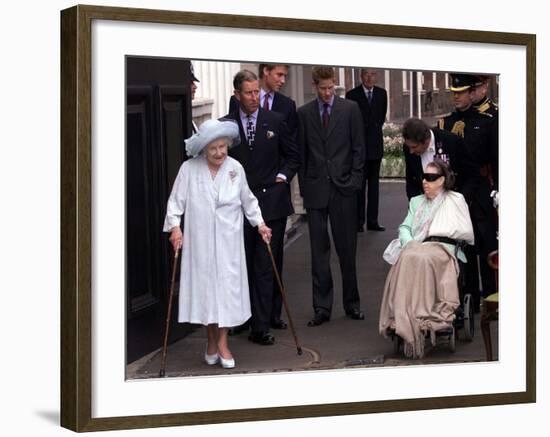 Queen Mother waves on her 101 birthday watched by Princess Margaret in wheelchair and Prince Charle-null-Framed Photographic Print