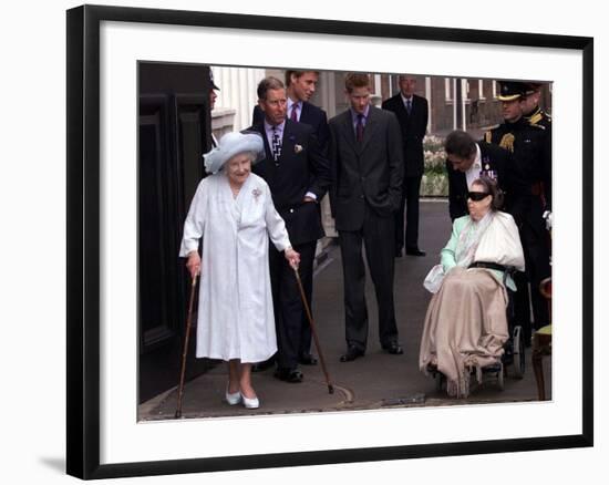 Queen Mother waves on her 101 birthday watched by Princess Margaret in wheelchair and Prince Charle-null-Framed Photographic Print