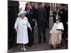Queen Mother waves on her 101 birthday watched by Princess Margaret in wheelchair and Prince Charle-null-Mounted Photographic Print