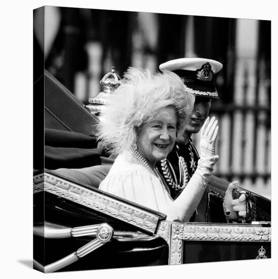 Queen Mother with Prince Charles Waving as They Ride in the Royal Carriage c.1985-null-Stretched Canvas