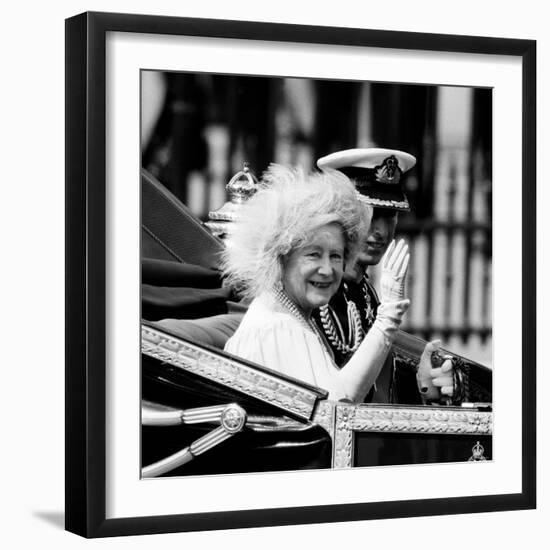 Queen Mother with Prince Charles Waving as They Ride in the Royal Carriage c.1985-null-Framed Photographic Print