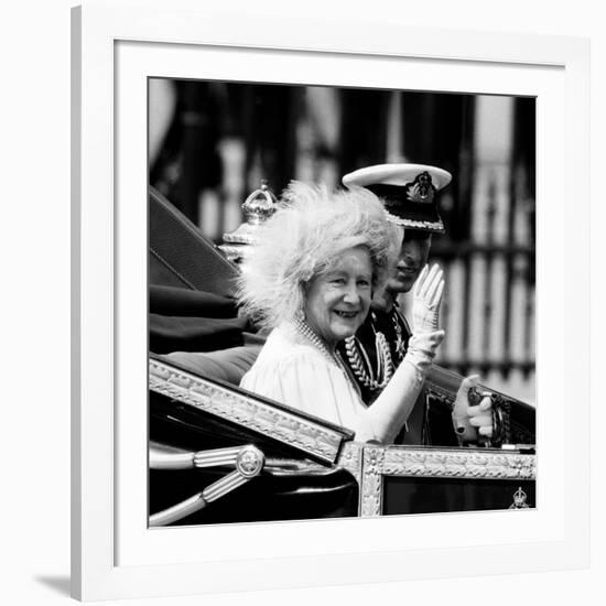 Queen Mother with Prince Charles Waving as They Ride in the Royal Carriage c.1985-null-Framed Photographic Print