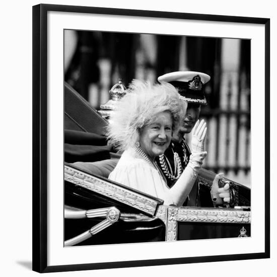 Queen Mother with Prince Charles Waving as They Ride in the Royal Carriage c.1985-null-Framed Photographic Print