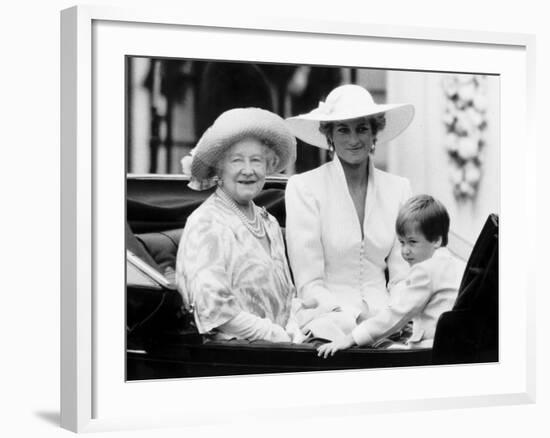 Queen Mother with Princess Diana and Prince William in an open carriage-null-Framed Photographic Print