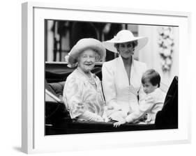 Queen Mother with Princess Diana and Prince William in an open carriage-null-Framed Photographic Print