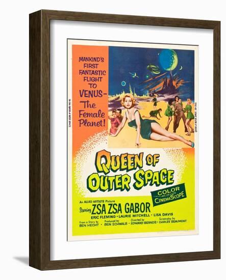 QUEEN OF OUTER SPACE, foreground: Zsa Zsa Gabor on poster art, 1958-null-Framed Art Print