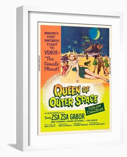 QUEEN OF OUTER SPACE, foreground: Zsa Zsa Gabor on poster art, 1958-null-Framed Art Print