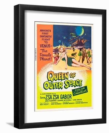 QUEEN OF OUTER SPACE, foreground: Zsa Zsa Gabor on poster art, 1958-null-Framed Art Print