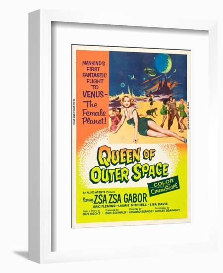 QUEEN OF OUTER SPACE, foreground: Zsa Zsa Gabor on poster art, 1958-null-Framed Art Print