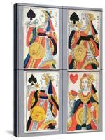 Queen of Spades and Queen of Hearts Playing Cards, 17th - 18th Century (Coloured Wood Engraving)-French-Stretched Canvas