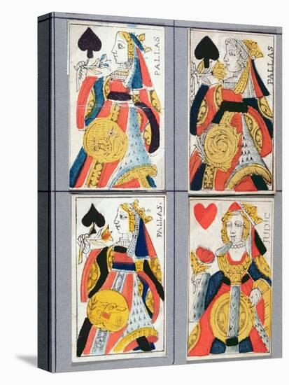 Queen of Spades and Queen of Hearts Playing Cards, 17th - 18th Century (Coloured Wood Engraving)-French-Stretched Canvas