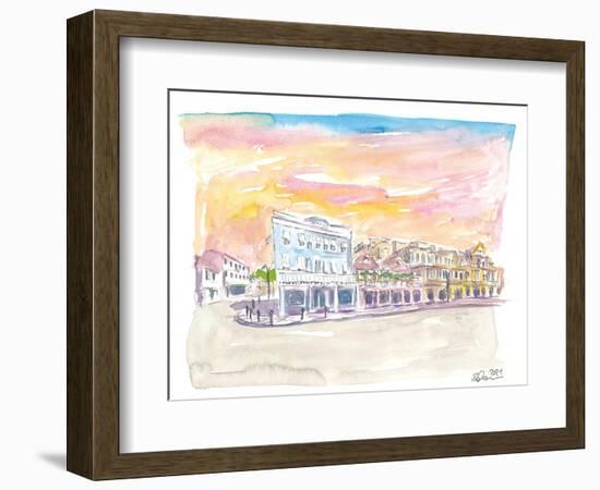 Queen St Front St Scene in Hamilton Bermuda at Sunset-M. Bleichner-Framed Art Print