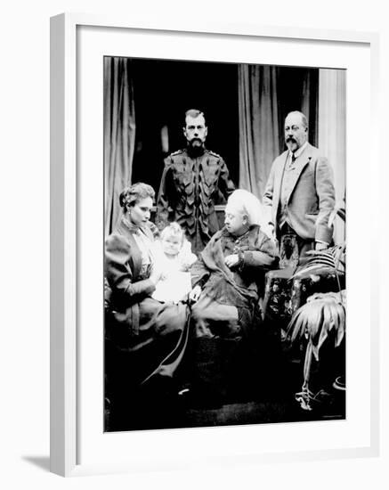 Queen Victoria, Tsar Nicholas II, His Wife and Daughter and Albert, Prince of Wales, Balmoral, 1896-null-Framed Photographic Print