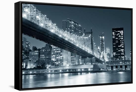 Queensboro Bridge over New York City East River Black and White at Night with River Reflections And-Songquan Deng-Framed Stretched Canvas