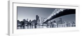 Queensboro Bridge over New York City East River Black and White at Night with River Reflections And-Songquan Deng-Framed Photographic Print
