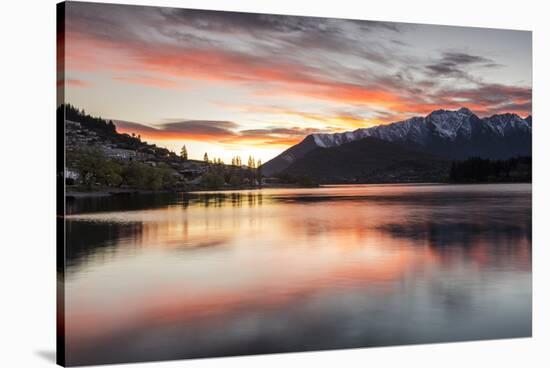 Queenstown and Bob's Peak with red sky at sunrise, Otago, South Island, New Zealand-Ed Rhodes-Stretched Canvas