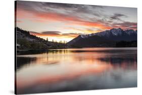 Queenstown and Bob's Peak with red sky at sunrise, Otago, South Island, New Zealand-Ed Rhodes-Stretched Canvas