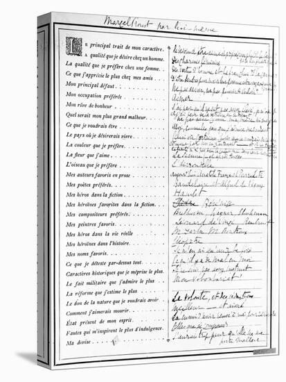 Questionnaire Completed by Marcel Proust, 1890-Marcel Proust-Stretched Canvas