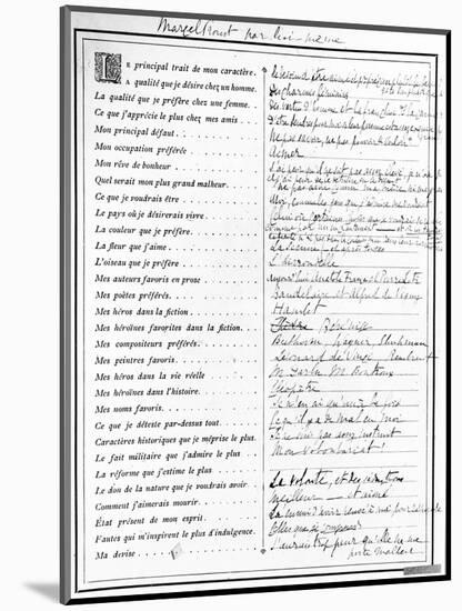 Questionnaire Completed by Marcel Proust, 1890-Marcel Proust-Mounted Giclee Print