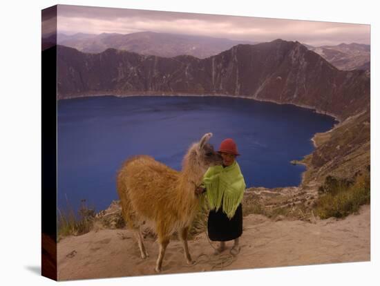 Quichua Indian Child with Llama, Quilatoa Crater Lake, Ecuador-Pete Oxford-Stretched Canvas