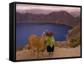 Quichua Indian Child with Llama, Quilatoa Crater Lake, Ecuador-Pete Oxford-Framed Stretched Canvas