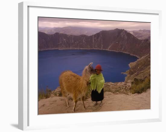 Quichua Indian Child with Llama, Quilatoa Crater Lake, Ecuador-Pete Oxford-Framed Photographic Print