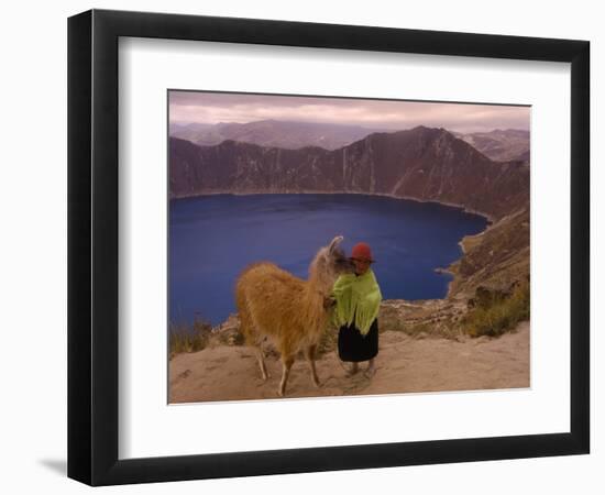 Quichua Indian Child with Llama, Quilatoa Crater Lake, Ecuador-Pete Oxford-Framed Photographic Print