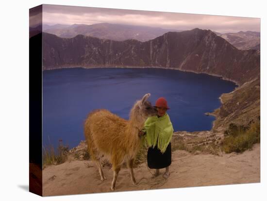 Quichua Indian Child with Llama, Quilatoa Crater Lake, Ecuador-Pete Oxford-Stretched Canvas