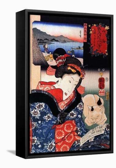Quite Time with Cat-Kuniyoshi Utagawa-Framed Stretched Canvas