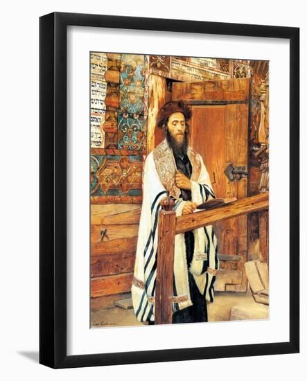 Rabbi in Front of the Wooden Synagogue Jablonow-Isidor Kaufmann-Framed Art Print