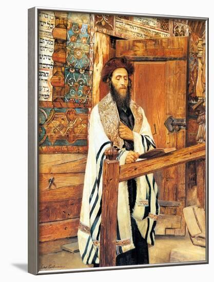 Rabbi in Front of the Wooden Synagogue Jablonow-Isidor Kaufmann-Framed Art Print