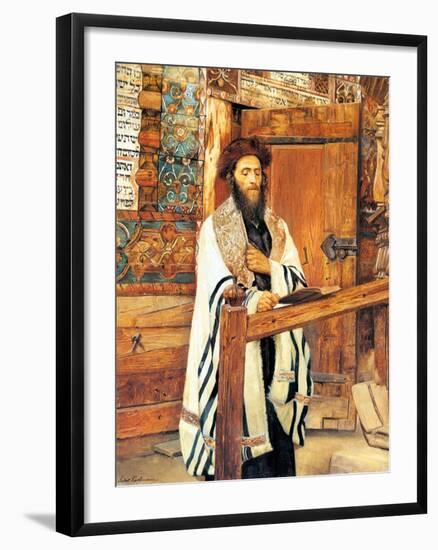 Rabbi in Front of the Wooden Synagogue Jablonow-Isidor Kaufmann-Framed Art Print