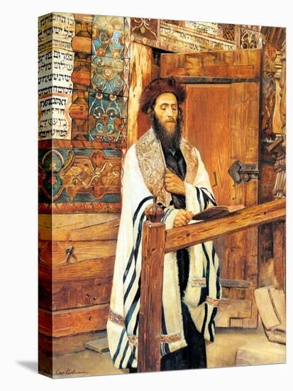 Rabbi in Front of the Wooden Synagogue Jablonow-Isidor Kaufmann-Stretched Canvas