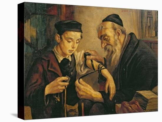 Rabbi Tying the Phylacteries to the Arm of a Boy-null-Stretched Canvas