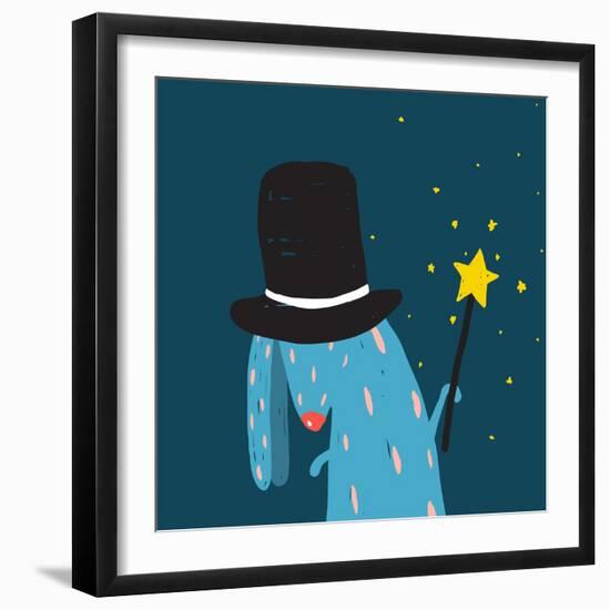 Rabbit in Black Hat Doing Tricks with Magic Wand. Colorful Dark Magical Illustration for Kids Greet-Popmarleo-Framed Art Print