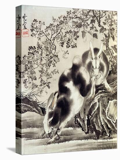 Rabbits Catching a Lizard-Kyosai Kawanabe-Stretched Canvas