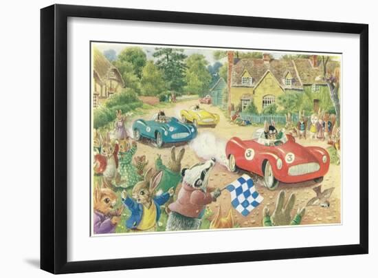 Rabbits in Race Cars-null-Framed Art Print