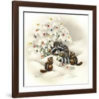 Raccoon, Chipmunks and Christmas Lights-Peggy Harris-Framed Giclee Print