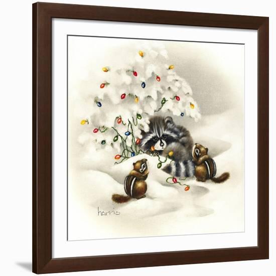 Raccoon, Chipmunks and Christmas Lights-Peggy Harris-Framed Giclee Print