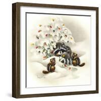 Raccoon, Chipmunks and Christmas Lights-Peggy Harris-Framed Giclee Print