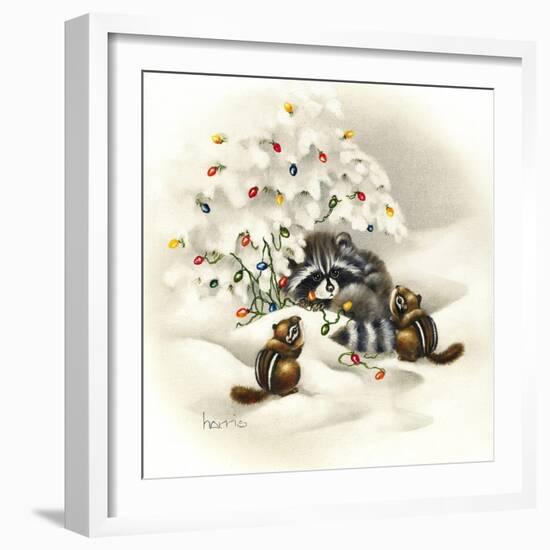 Raccoon, Chipmunks and Christmas Lights-Peggy Harris-Framed Giclee Print