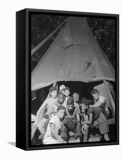Racially Integrated Group of Boys Sharing a Comic Book at Camp Nathan Hale in Southfields, NY-Gordon Parks-Framed Stretched Canvas