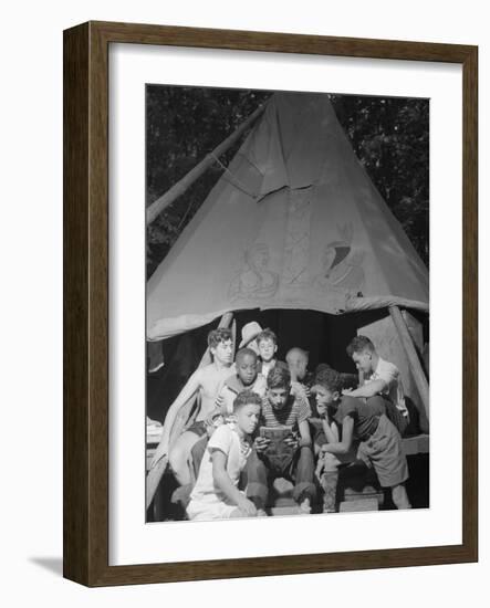 Racially Integrated Group of Boys Sharing a Comic Book at Camp Nathan Hale in Southfields, NY-Gordon Parks-Framed Photo